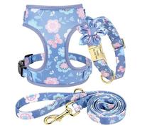 Personalized Anti-Lost Floral Print Breathable Nylon Dog Collar Harness Leash Set For Poodle Shiba Inu Bulldog Labrador,Blue,XS