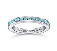 Personalized Aqua Blue CZ Channel Set Eternity Band Ring For Women Simulated Aquamarine Sterling Silver Custom Engraved