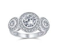 Personalized Art Deco Vintage Style Past Present Future Three Stone Circlet Halo AAA Cubic Zirconia Round Solitaire Engagement Ring For Women .925 Sterling Silver Customizable