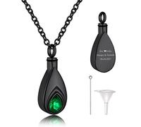 Personalized Ash Necklace with May Birthstone for Father, Engraved Women's Stainless Steel Teardrop Cremation Synthetic Emerald Cremation Keepsake Jewelry