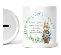 Personalized Baby Baptism Piggy Bank - Custom Ceramic Money Box with Rabbit Print, Christening Gift for Infant, 1st Birthday Keepsake (9.3x8.3cm) (Boy)
