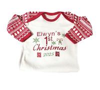 Personalized Baby First Christmas Bodysuit, Nordic Fair Isle Pattern, Red and White Holiday Romper with Embroidered Design, Commemorative Outfit (3-6 Months)