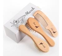 Personalized Baby Hair Brush & Comb Set with Soft Goat Bristles,Custom Laser Engraved Name,Newborn Grooming Kit with Birth Flower Gift Box (March)