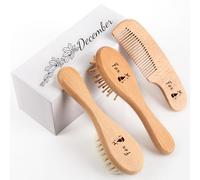 Personalized Baby Hair Brush & Comb Set with Soft Goat Bristles,Custom Laser Engraved Name,Newborn Grooming Kit with Birth Flower Gift Box (December)