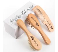 Personalized Baby Hair Brush & Comb Set with Soft Goat Bristles,Custom Laser Engraved Name,Newborn Grooming Kit with Birth Flower Gift Box (February)
