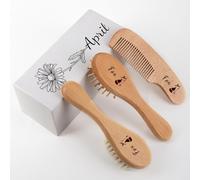 Personalized Baby Hair Brush & Comb Set with Soft Goat Bristles,Custom Laser Engraved Name,Newborn Grooming Kit with Birth Flower Gift Box (April)