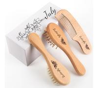 Personalized Baby Hair Brush & Comb Set with Soft Goat Bristles,Custom Laser Engraved Name,Newborn Grooming Kit with Birth Flower Gift Box (July)