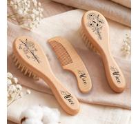 Personalized Baby Hair Brush Set, Custom Engraved Name/Birth Flower Wool Brush & Wooden Comb for Prevents Cradle Cap, Baptism/Birthday Gifts
