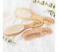 Personalized Baby Hairbrushes, Custom Engrave Infant Name, Natural Wooden Hairbrush Baby Brush Set for Newborns, Name and Birth Details Natural Bristles, Cradle Cap, Natural Goat Bristles Brush