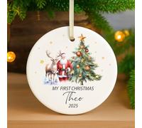 Personalized Baby’s First Christmas Ornament | Custom Ceramic Ornament with Santa & Reindeer | XMAS Tree Decoration Keepsake Gift for Baby Boy or Girl