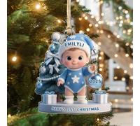 Personalized Baby's First Christmas Ornament with Name Portrait Custom My 1st Christmas 2D Flat Blue Acrylic Ornament Newborn Xmas Tree Ornaments Keepsake Gift from New Dad Mom Grandparents,03