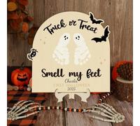 Personalized Baby's First Halloween Footprint Wooden Milestone Card,Trick-or-Treat,Baby Footprint Sign Halloween Keepsake DIY Craft Art Nursery Decorations (Style 1,9"x9" x23cm)