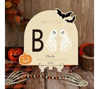 Personalized Baby's First Halloween Footprint Wooden Milestone Card,Trick-or-Treat,Baby Footprint Sign Halloween Keepsake DIY Craft Art Nursery Decorations (Style 4,9"x9" x23cm)