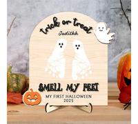 Personalized Baby's First Halloween Footprint Wooden Milestone Card,Trick-or-Treat,Baby Footprint Sign Halloween Keepsake DIY Craft Art Nursery Decorations (Style 2,9"x9" x23cm)