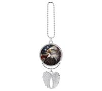 Personalized Bald Eagle US Flag Car Rearview Mirror Ornament Double Side Custom Photo Picture Car Hanging Pendant Accessories Alloy Angel Wings Vehicle Decoration Silver