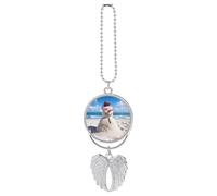 Personalized Beach Sandy Snowman Car Rearview Mirror Ornament Double Side Custom Photo Picture Car Hanging Pendant Accessories Alloy Angel Wings Vehicle Decoration Silver
