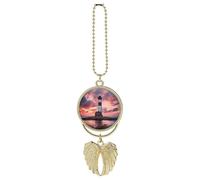 Personalized Beauty Lighthouse Car Rearview Mirror Ornament Double Side Custom Photo Picture Car Hanging Pendant Accessories Alloy Angel Wings Vehicle Decoration Golden