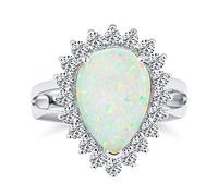 Personalized Big Halo Pear Shape Teardrop Statement Created White Opal Engagement Ring Cathedral Setting Gemstone Ring For Women .925 Sterling Silver October Birthstone Customizable