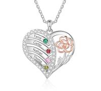 Personalized Birthstone Necklace,Custom Name Necklace with 2-4 Names and Birthstones,Rose Flower Heart Pendant Jewelry for Mother Daughter,Mother's Day Gifts for Mom, Christmas Gifts, M, Brass, Cubic