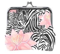 Personalized Black and Pink Zebra Print Wallet for Women Leather with Kiss Closure, Pink Floral Black Zebra Print, UNITALLA, Classic, Pink Floral Black Zebra Print, Black Zebra Print Floral Pink