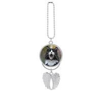 Personalized Black and White Cat Car Rearview Mirror Ornament Double Side Custom Photo Picture Car Hanging Pendant Accessories Alloy Angel Wings Vehicle Decoration Silver