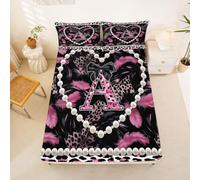 Personalized Black Bow Initial Letter A Single Fitted Sheet Aesthetic Feather Pink Leopard Print Bed Sheets Deep Pocket 16 inch (40 cm),Glam Beaded Coquette Bedding Set Bed Cover with 1 Pillowcase