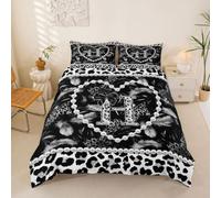 Personalized Black Bow Initial Letter H Double Duvet Cover Aesthetic Feather Grey Leopard Print Bedding Set for Kids Teens Adults Glam Beaded Heart Coquette Pearl Quilt Cover Y2K Monogram Bed Sets