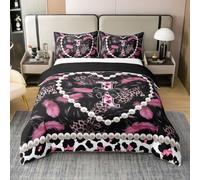 Personalized Black Bow Initial Letter I Super King Duvet Cover with 2 Pillowcases - Aesthetic Feather Pink Leopard Print Cotton Bedding Set Glam Beaded Heart Coquette Pearl Quilt Cover Bed Sets