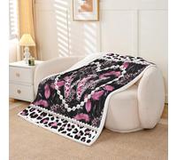 Personalized Black Bow Initial Letter W Fleece Blanket Throw 127x152cm Aesthetic Feather Pink Leopard Print Warm Plush Sherpa Blanket Glam Beaded Heart Coquette Pearl Fuzzy Plush Throw Sofa Couch