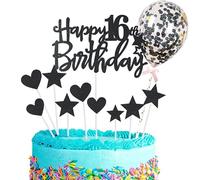Personalized Black Happy 16th Birthday Sign Cake Topper - 11 Piece Glitter Cupcake Decoration for Party Supplies