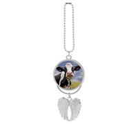 Personalized Black White Cow Car Rearview Mirror Ornament Double Side Custom Photo Picture Car Hanging Pendant Accessories Alloy Angel Wings Vehicle Decoration Silver