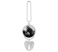 Personalized Black White Horses Car Rearview Mirror Ornament Double Side Custom Photo Picture Car Hanging Pendant Accessories Alloy Angel Wings Vehicle Decoration Silver