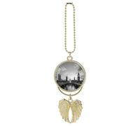 Personalized Black White Tall Building Car Rearview Mirror Ornament Double Side Custom Photo Picture Car Hanging Pendant Accessories Alloy Angel Wings Vehicle Decoration Golden