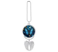 Personalized Blue Butterfly Pattern Car Rearview Mirror Ornament Double Side Custom Photo Picture Car Hanging Pendant Accessories Alloy Angel Wings Vehicle Decoration Silver