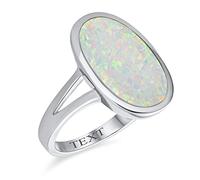 Personalized Boho Gemstone Iridescent White Created Opal Big Oval Split Shank Statement Ring Women Teen .925 Sterling Silver Rhodium Plating October Birthstone Custom Engraved