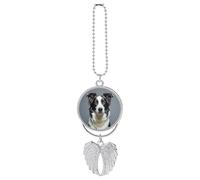 Personalized Border Collie Car Rearview Mirror Ornament Double Side Custom Photo Picture Car Hanging Pendant Accessories Alloy Angel Wings Vehicle Decoration Silver