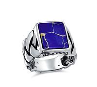 Personalized Braided Cable Wheat Wide Link Chain Band Blue Created Lapis Lazuli Gemstones Rectangle Statement Signet Ring For Men .925 Sterling Silver Handmade In Turkey