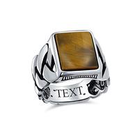 Personalized Braided Cable Wheat Wide Link Chain Band Brown Tigers Eye Gemstones Rectangle Statement Signet Ring For Men .925 Sterling Silver Handmade In Turkey Custom Engraved