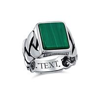 Personalized Braided Cable Wheat Wide Link Chain Band Dark Green Created Malachite Gemstones Rectangle Statement Signet Ring For Men .925 Sterling Silver Handmade In Turkey Custom Engraved