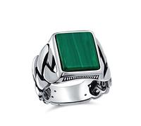 Personalized Braided Cable Wheat Wide Link Chain Band Dark Green Created Malachite Gemstones Rectangle Statement Signet Ring For Men .925 Sterling Silver Handmade In Turkey