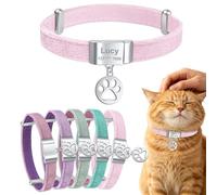 Personalized Breakaway Cat Collars with Magnetic Quick Release Buckle, Velvet Cat Collar Custom Engraved Name Tag for Girls & Boys Cats (A-Pink)