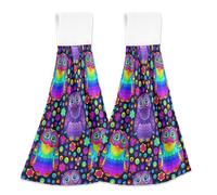 Personalized Bright Color Owls Purple Hand Towel with Hanging Loop Bathroom Tie Towels Set of 2 Absorbent Cute Towel Kitchen Decor, 18.2 x 14 Inch