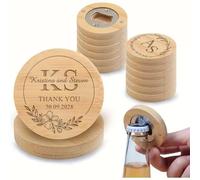 Personalized Bulk Round Magnetic Bottle Opener, Custom 2-in-1 Wooden Bottle Opener/Coaster with Engraved Name & Date, Magnet for Beer Lover Wedding Guest Bars Parties Men Gift(50pcs)