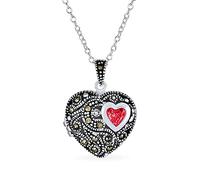 Personalized Butterfly Marcasite Pink CZ Red Garnet Vintage Antiqued Style Filigree Aromatherapy Perfume Diffuser Heart Shape Locket Necklace For Women Rose Gold .925 Sterling Silver Customizable