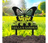 Personalized Butterfly Metal Garden Sign with Stakes, Custom Butterfly Sunflower Garden Stake Sign, Customized Flowers Outdoor Yard Garden Name Sign for Gardener Mom Grandma Gardening Gift