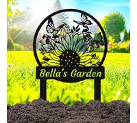 Personalized Butterfly Sunflower Garden Sign for Outside, Custom Flower Butterflies Garden Stake Metal Outdoor Decor Yard Sign with Stakes, Customized Name Sunflower Butterfly Lawn Sign