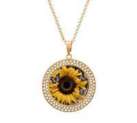 Personalized Butterfly Sunflower Necklace Personalized Picture Necklace 20 Inch Circle Chain Necklace Round Dog Tag Pendant with Photos Memorial Jewelry for St, One Size, Titanium Steel, Rhinestone