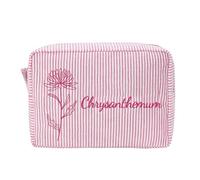 Personalized Canvas Makeup Up Bag for Women - Custom Embroidered Name & Birth Flower, Small Toiletry Pouch for Bridesmaid & Bride, Wedding Bridesmaids Gifts (Pink White)