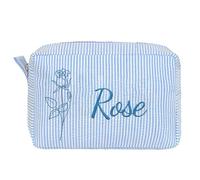 Personalized Canvas Makeup Up Bag for Women - Custom Embroidered Name & Birth Flower, Small Toiletry Pouch for Bridesmaid & Bride, Wedding Bridesmaids Gifts (Baby Blue)