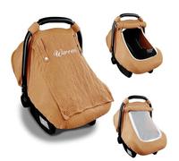 Personalized Car Seat Cover Baby Girl & Boy | Handmade Beige Carseat Canopy | Peekaboo Mesh Window (Yellow,80 * 107CM)